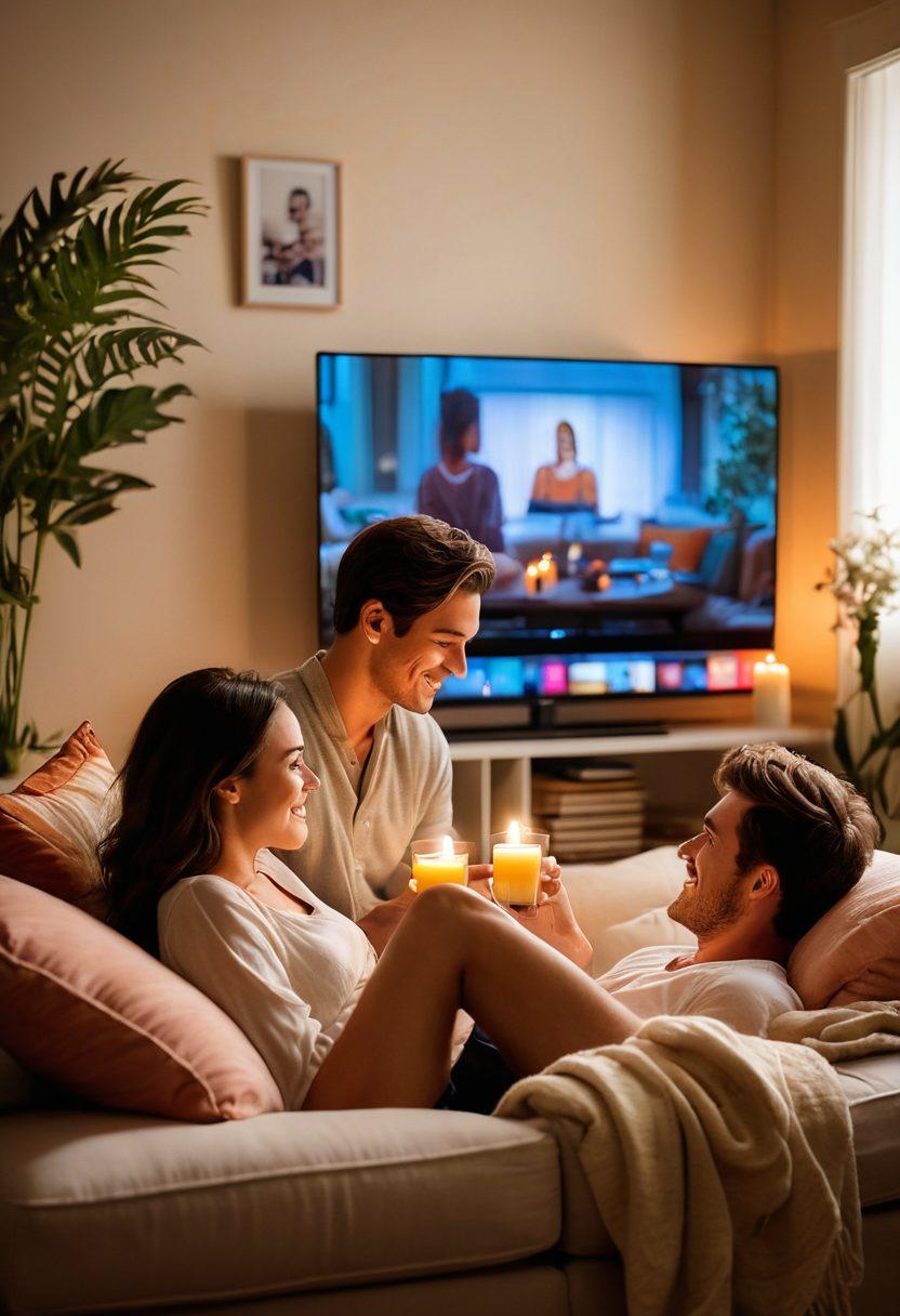 A cozy living room with a couple enjoying a playful, intimate moment together while watching a streaming service on a large screen. The ambiance is warm, with soft lighting and plush pillows scattered around. Include subtle hints of romantic elements, like candles and flowers, to evoke a sense of connection and exploration. The couple should express joy and laughter, embodying the spirit of shared experiences. vibrant colors. soft focus.