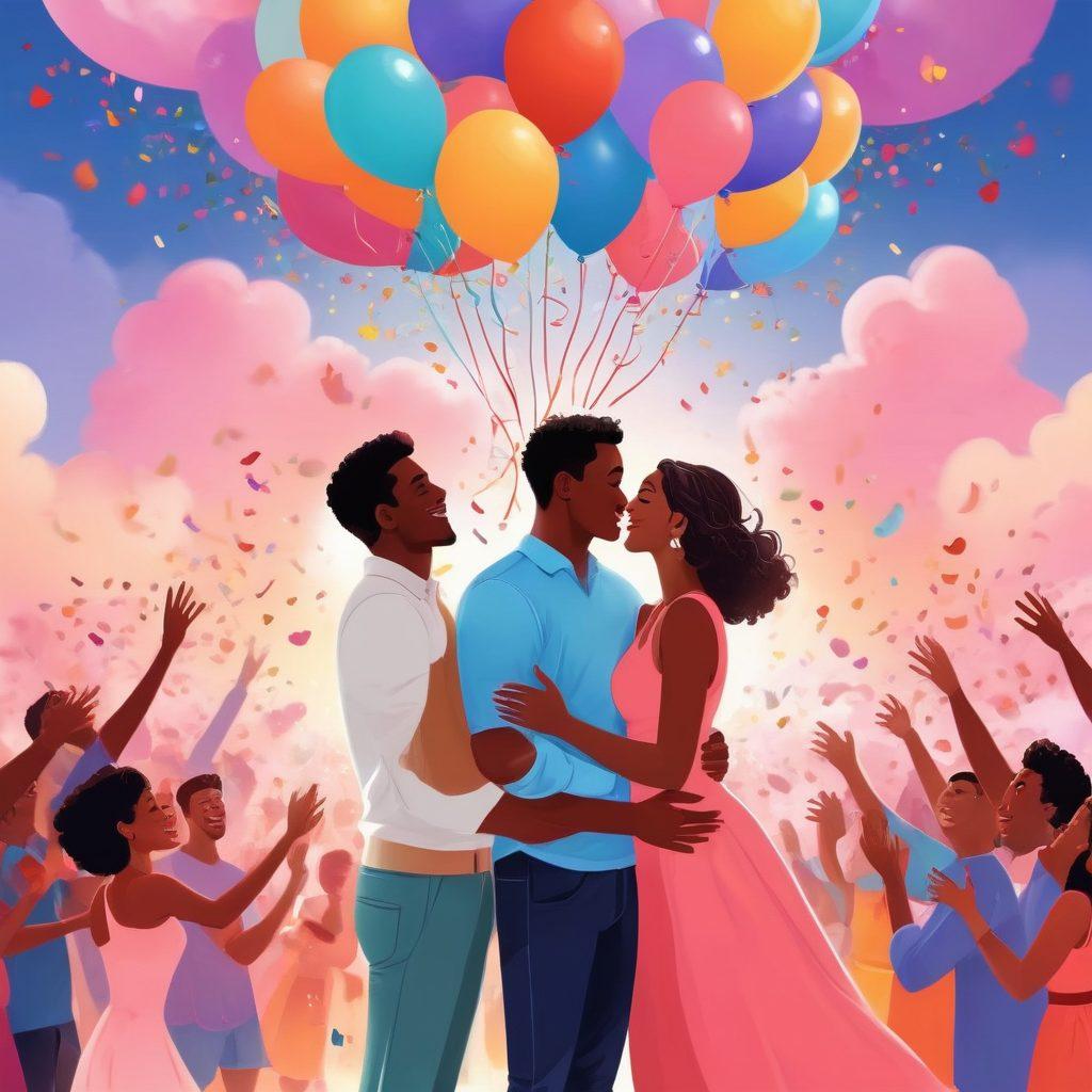 A bright and playful illustration depicting a diverse group of couples enjoying a whimsical celebration of love and intimacy. Include elements like confetti, heart-shaped balloons, and various playful props symbolizing joy and acceptance. The background should be filled with colorful lights and soft clouds, creating a warm, inviting atmosphere. Emphasize inclusivity and personal expression in modern relationships. vector art. vibrant colors.